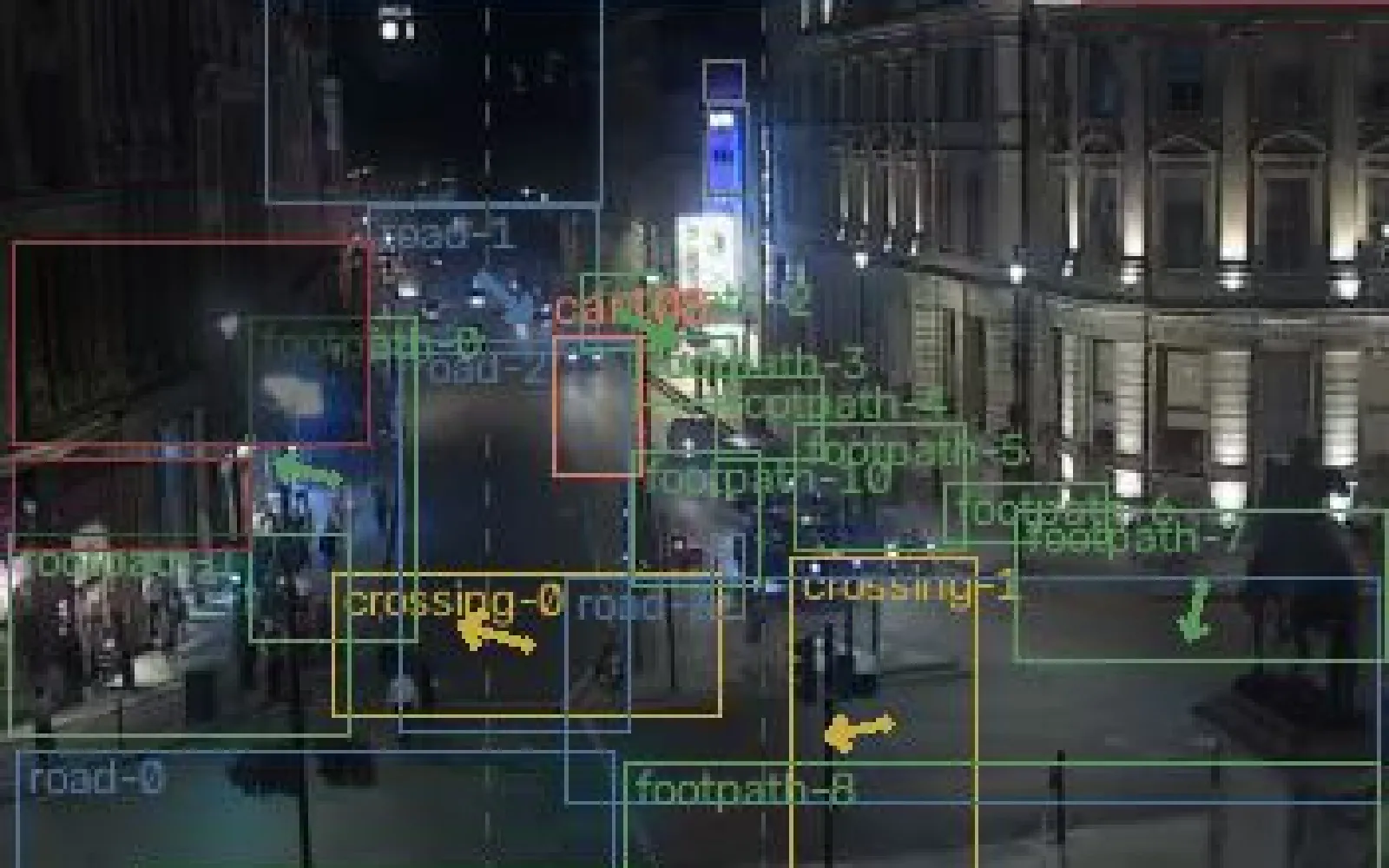 A centre crop of one JamCam frame at the camera's real 352 by 288 pixels, scaled up so the pixels stay visible. Trafalgar Square at night under the station's debug overlay: hand-drawn rectangles name the typed road, footpath and crossing zones, and direction arrows sit on several of them.