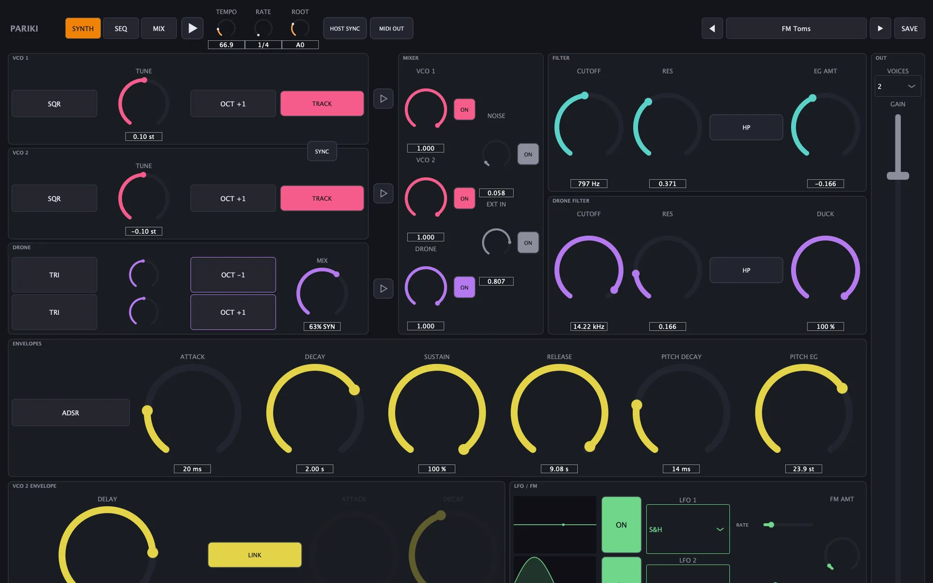 The Pariki synth page, dark themed: two oscillator rows with tune knobs and octave switches, a drone section, a mixer column, a ladder filter and a drone filter in teal and violet, and a row of six large yellow envelope knobs across the middle.